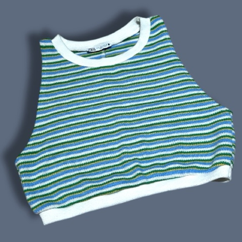 GUC ZARA Striped Crew Neck Cropped Tank Top in Blue and Green. Size Medium - Picture 2 of 7